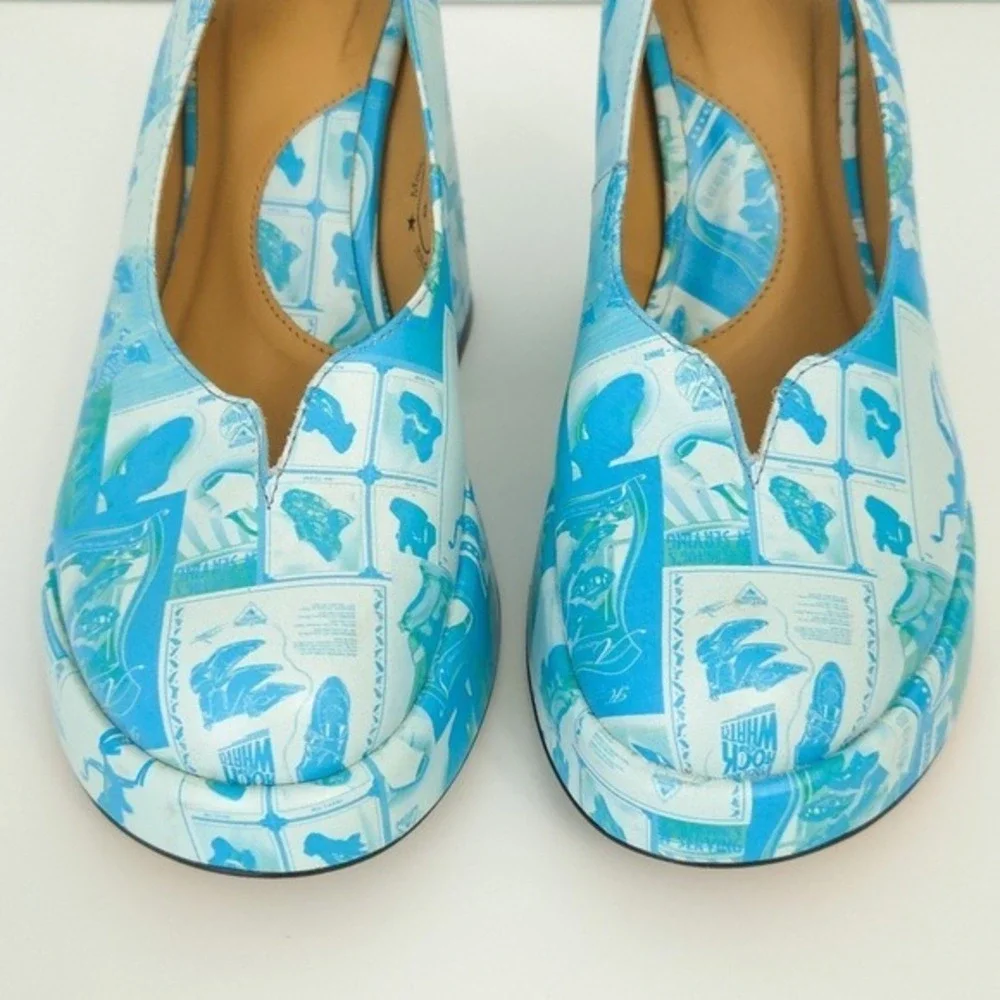 John Fluevog Blue Newsprint Lasting Impressions Tenura Chunky Platform‎ Heels- 8